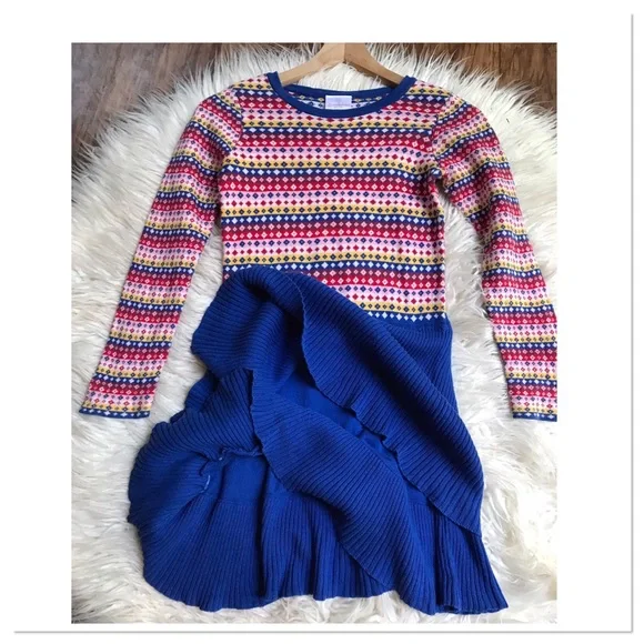 Hanna Andersson Fair Isle Nordic Sweater Dress Blue Red Yellow Size 8